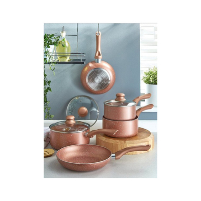 Juego de 5 piezas de utensilios de cocina antiadherentes de aluminio fundido a presión con efecto de mármol, juego de sartenes y ollas redondas antiadherentes