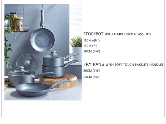 Juego de 5 piezas de utensilios de cocina antiadherentes de aluminio fundido a presión con efecto de mármol, juego de sartenes y ollas redondas antiadherentes