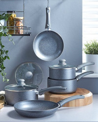 Juego de 5 piezas de utensilios de cocina antiadherentes de aluminio fundido a presión con efecto de mármol, juego de sartenes y ollas redondas antiadherentes